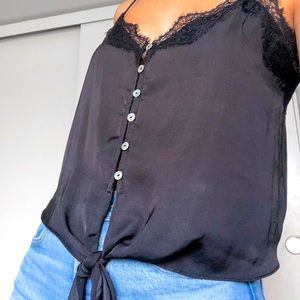 black silk tank top with lace trim